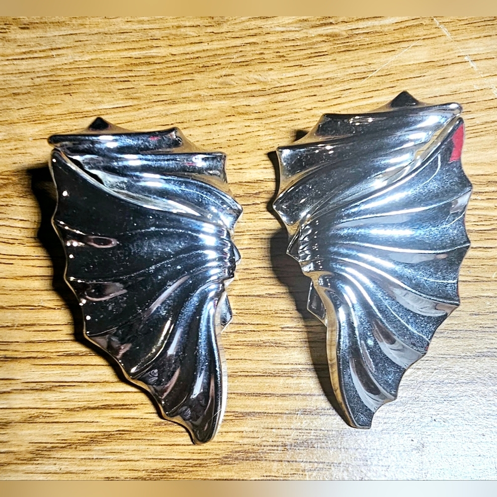 silver rouged gathered wing earrings 1980s, avant garde high fashion dramatic